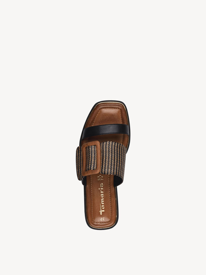 BLACK COMB BUCKLE SLIP ON SANDAL