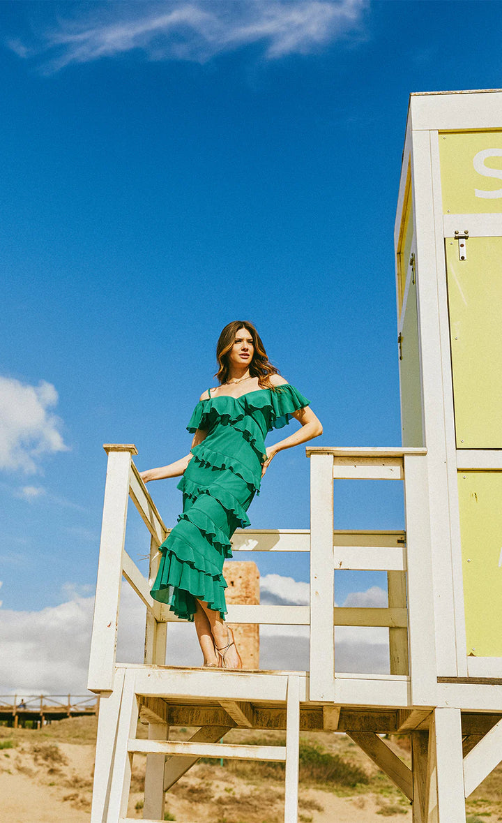 GREEN FRILL MIDAXI DRESS