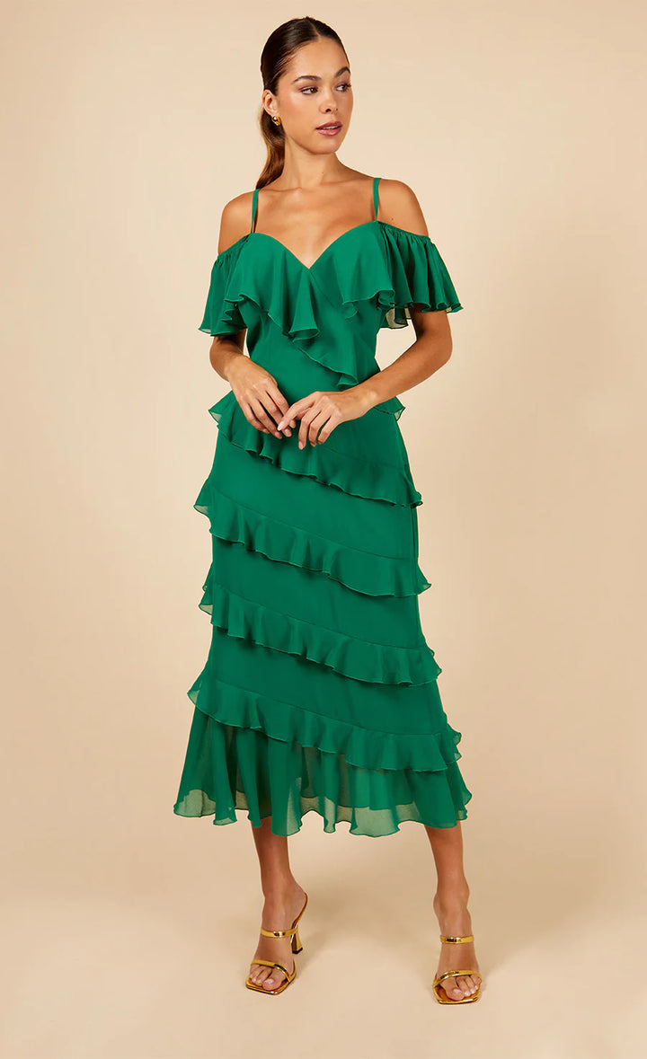 GREEN FRILL MIDAXI DRESS