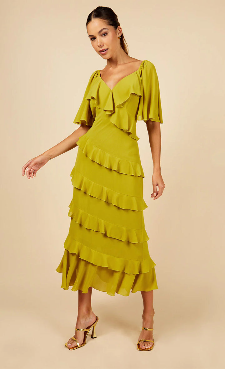OLIVE FRILL MIDAXI DRESS