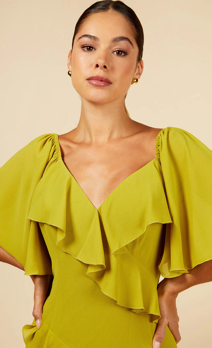 OLIVE FRILL MIDAXI DRESS