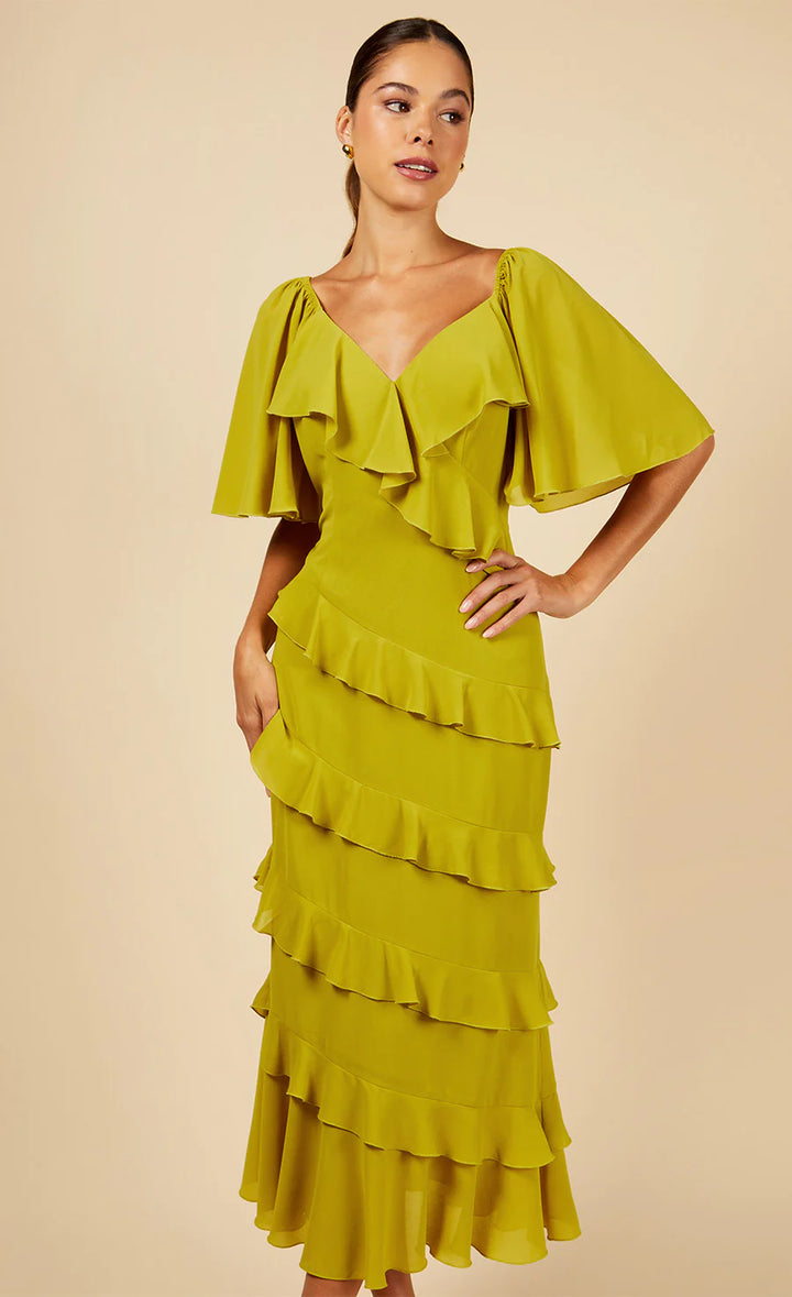 OLIVE FRILL MIDAXI DRESS