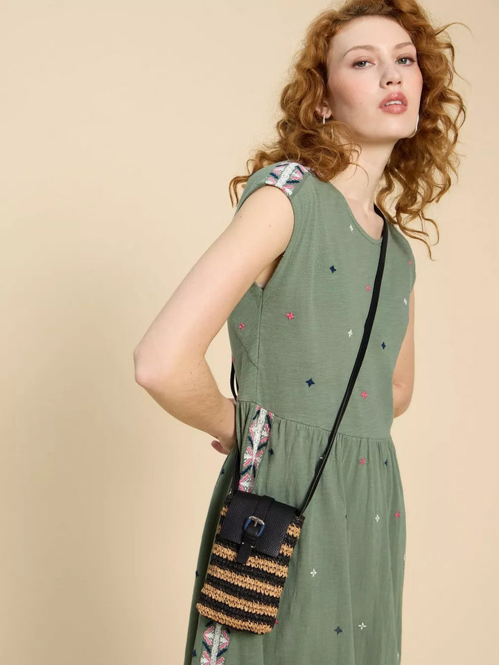 BLACK MULTI CLARA BUCKLE RAFFIA PHONE BAG