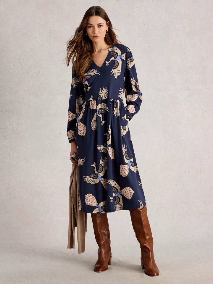 NAVY MULTI LEAH JERSEY DRESS