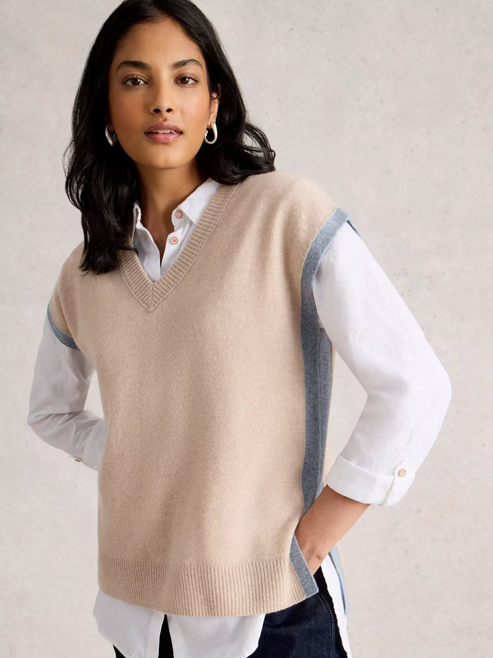 LIGHT NATURAL CASHMERE V NECK TANK TOP