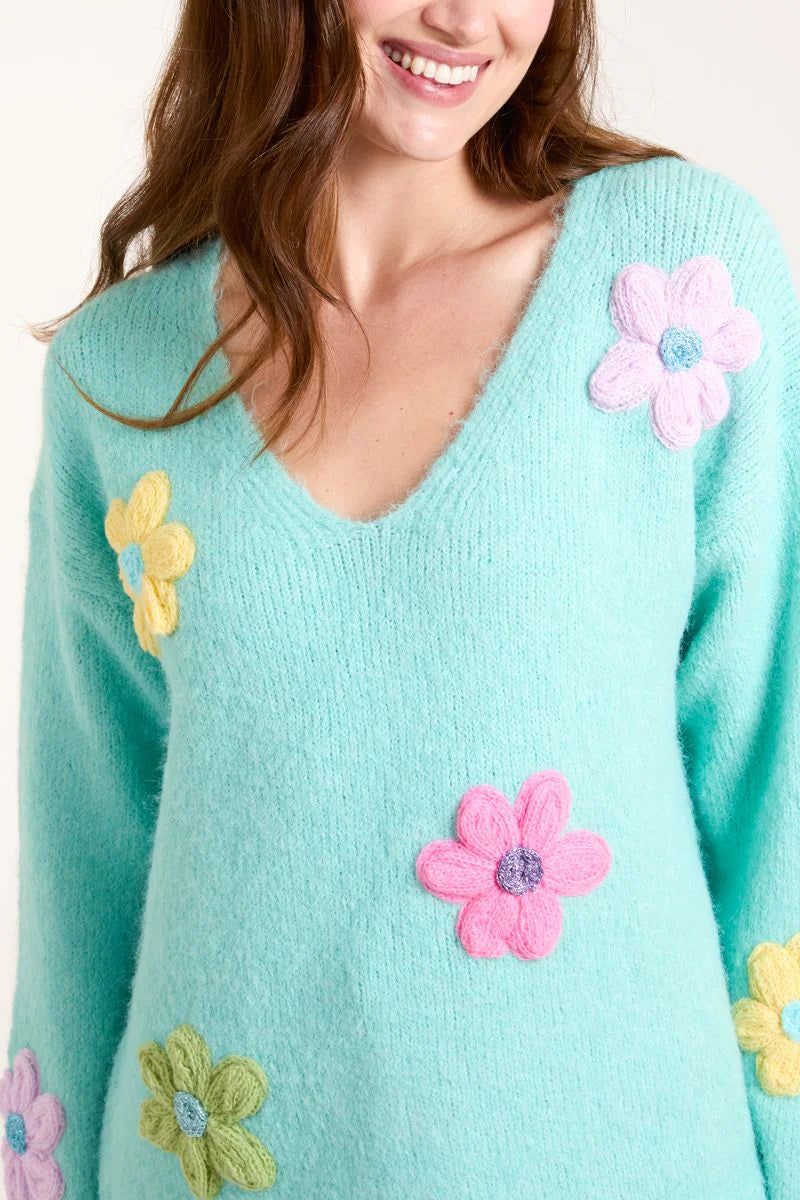 GREEN FLOWER KNIT EMBROIDERY V NECK JUMPER