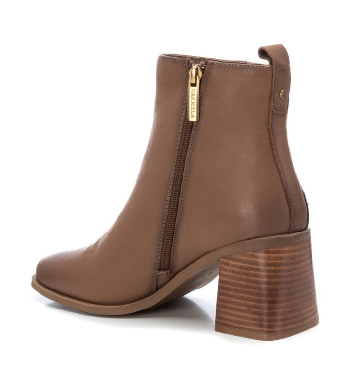 TAUPE LEATHER BLOCK HEEL ANKLE BOOT