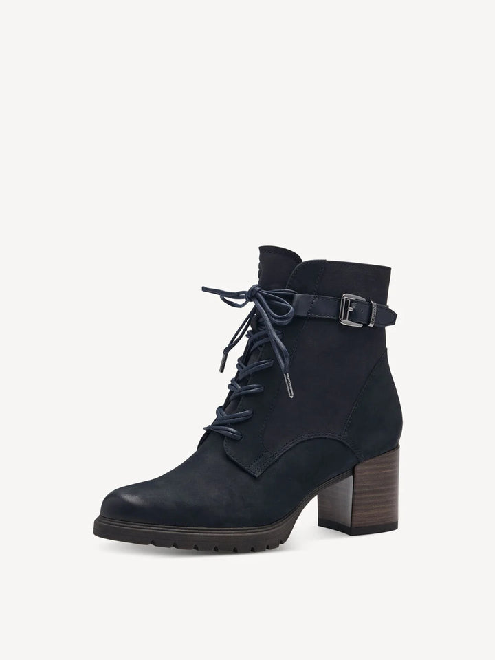 NAVY LEATHER LACE UP HEELED BOOT