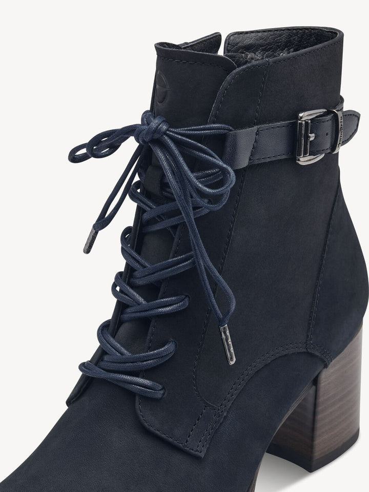 NAVY LEATHER LACE UP HEELED BOOT