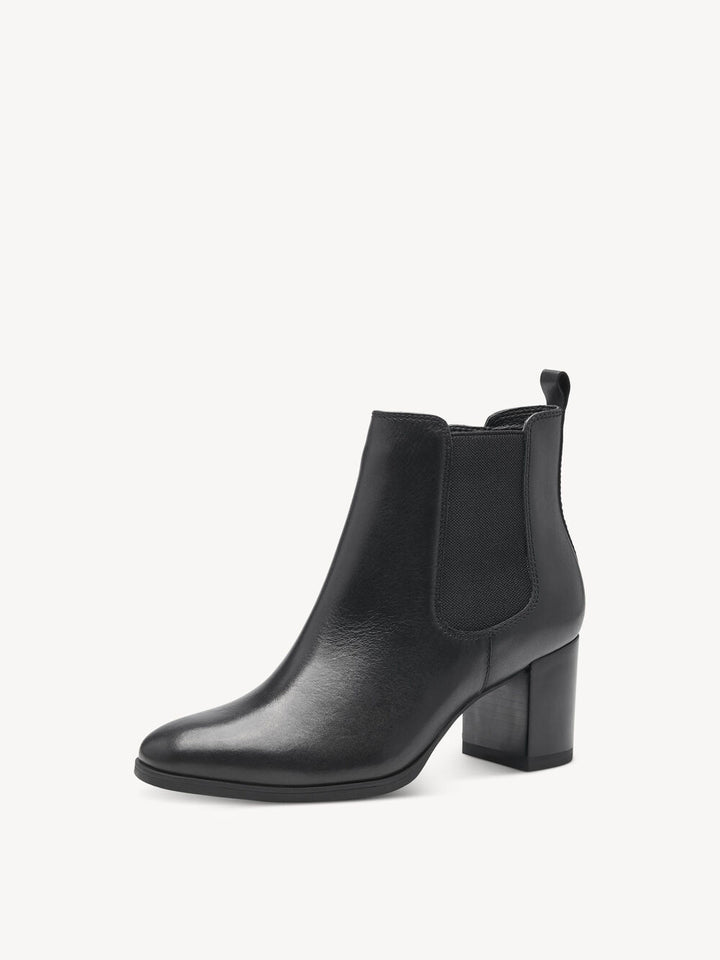 BLACK LEATHER BLOCK HEEL ANKLE BOOT