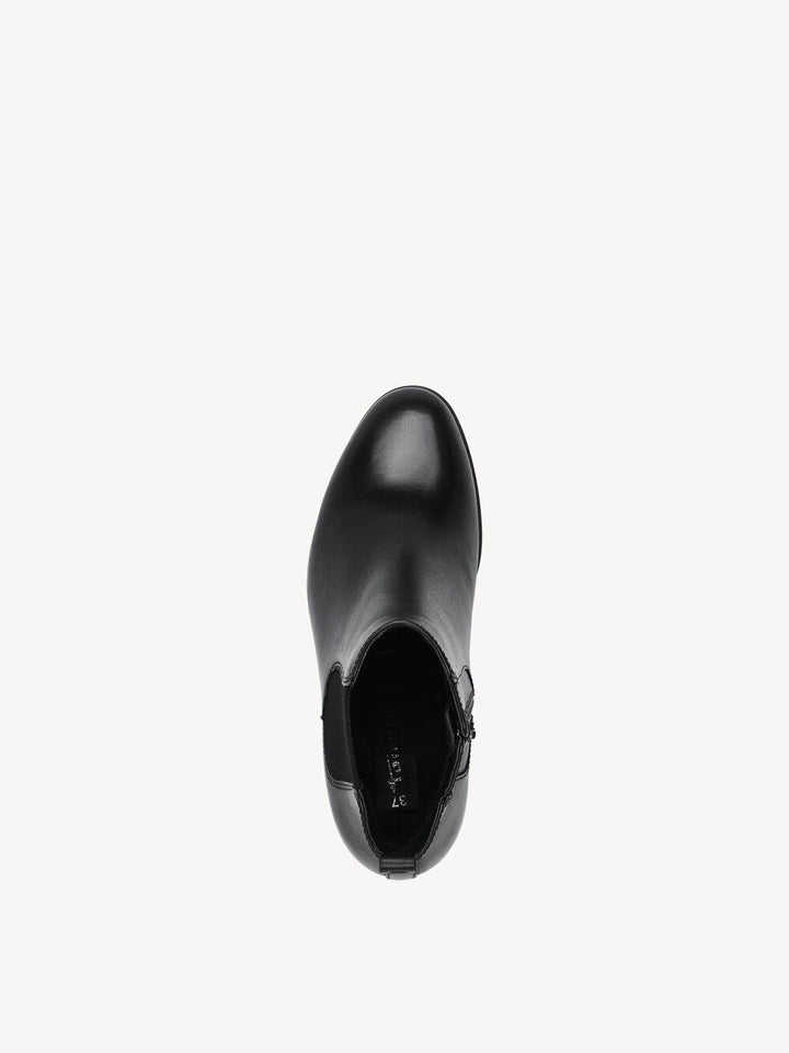 BLACK LEATHER BLOCK HEEL ANKLE BOOT