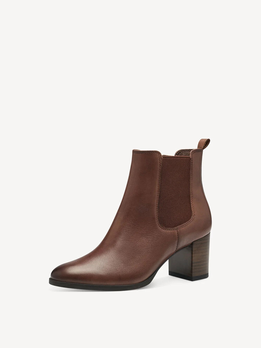 COGNAC LEATHER BLOCK HEEL ANKLE BOOT