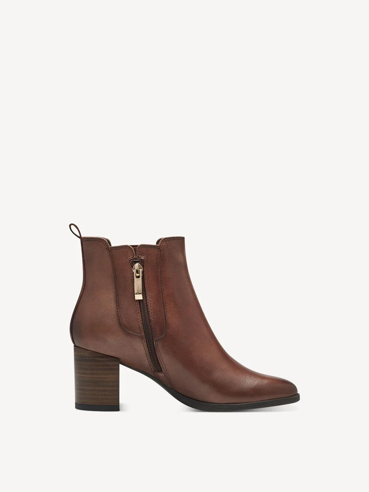 COGNAC LEATHER BLOCK HEEL ANKLE BOOT