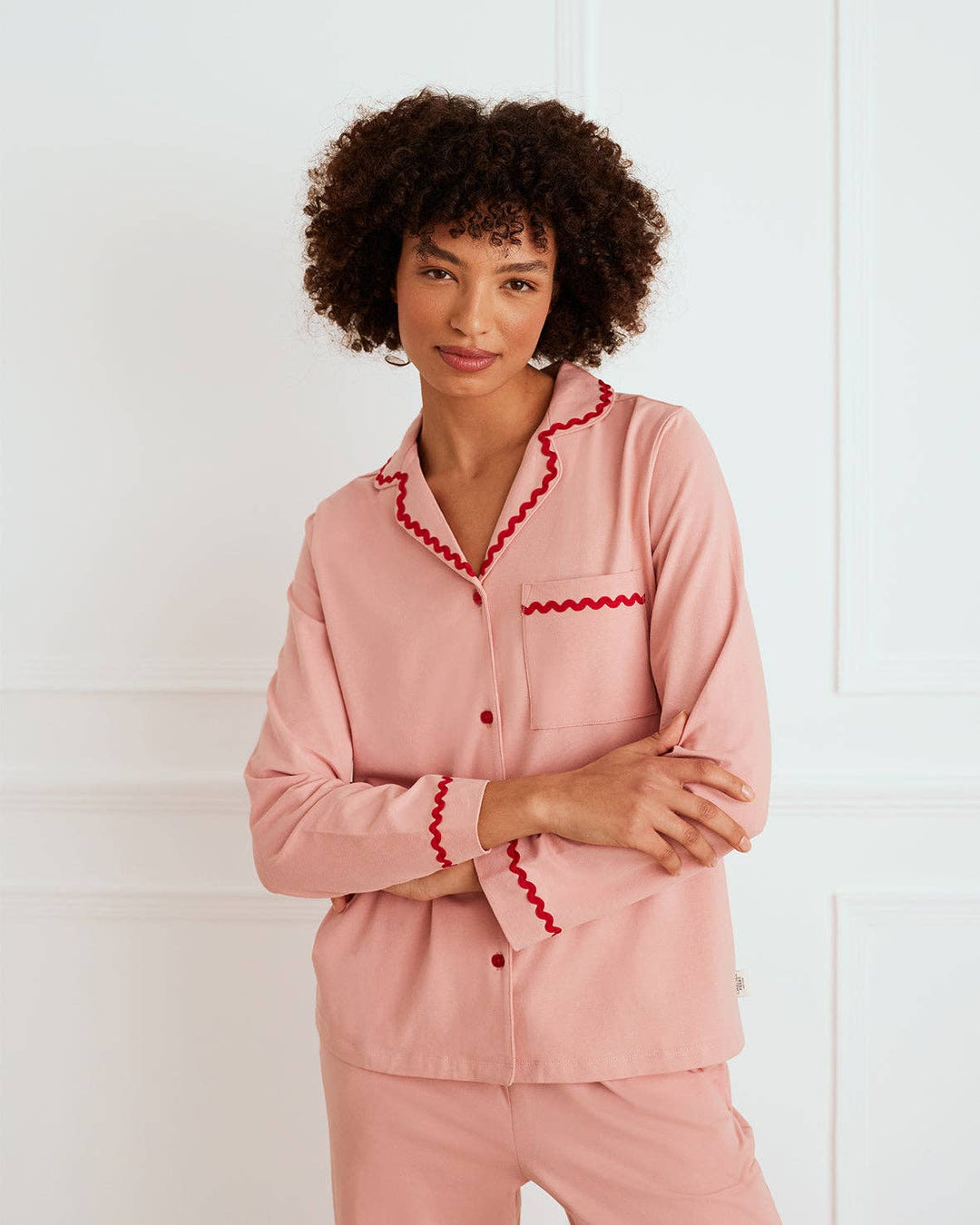 Organic Cotton Embroidered Back Good Morning Long Pyjama Set: Pink / UK 8