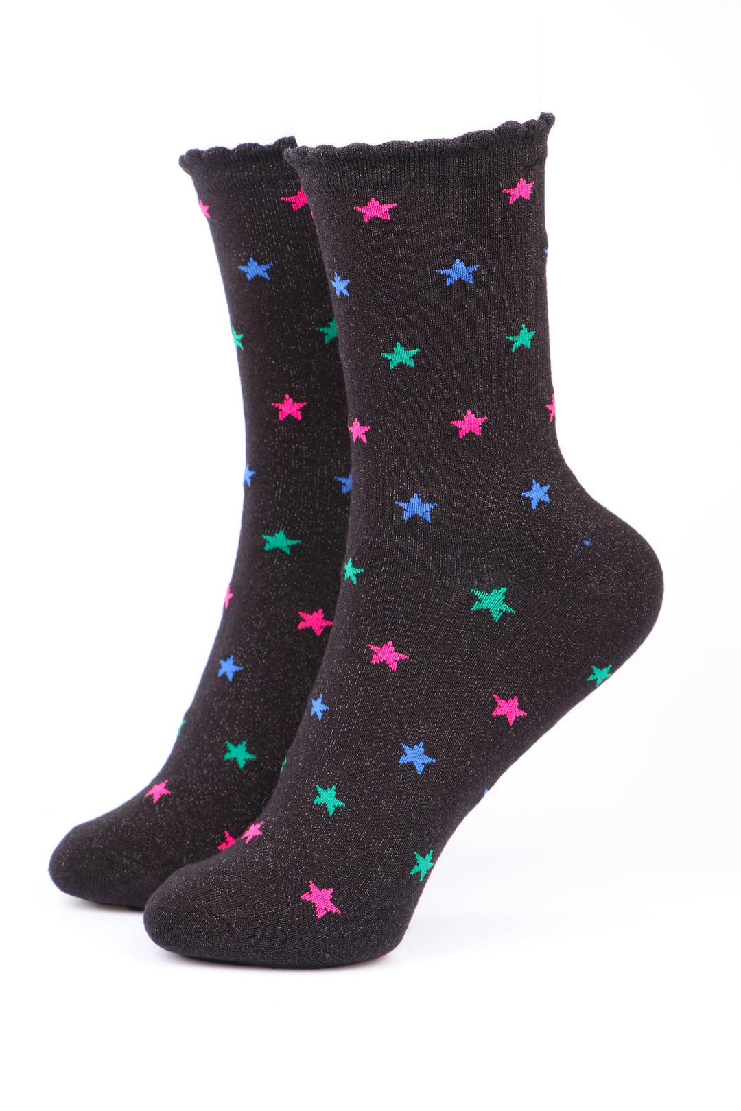 Black Multi Star Print Glitter Socks with Scalloped Cuffs: UK 3-7 | EU 36-40 | US 5-9