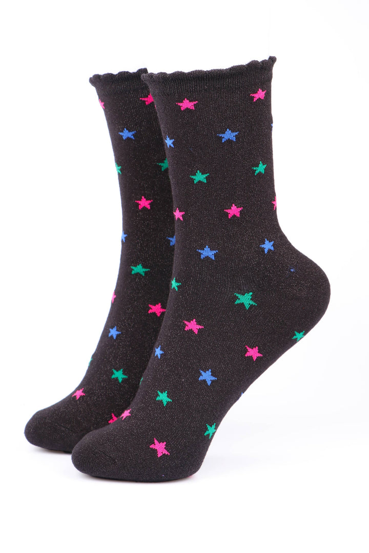 Black Multi Star Print Glitter Socks with Scalloped Cuffs: UK 3-7 | EU 36-40 | US 5-9
