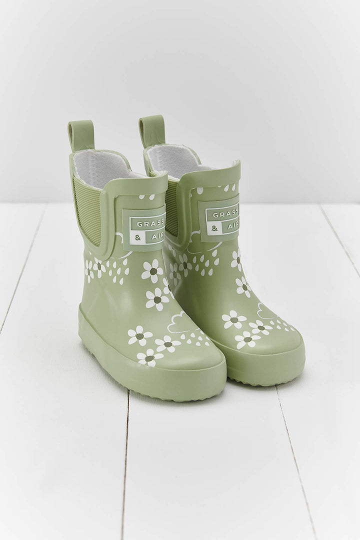 Spring Green Floral Short Colour-Changing Kids Wellies: UK5