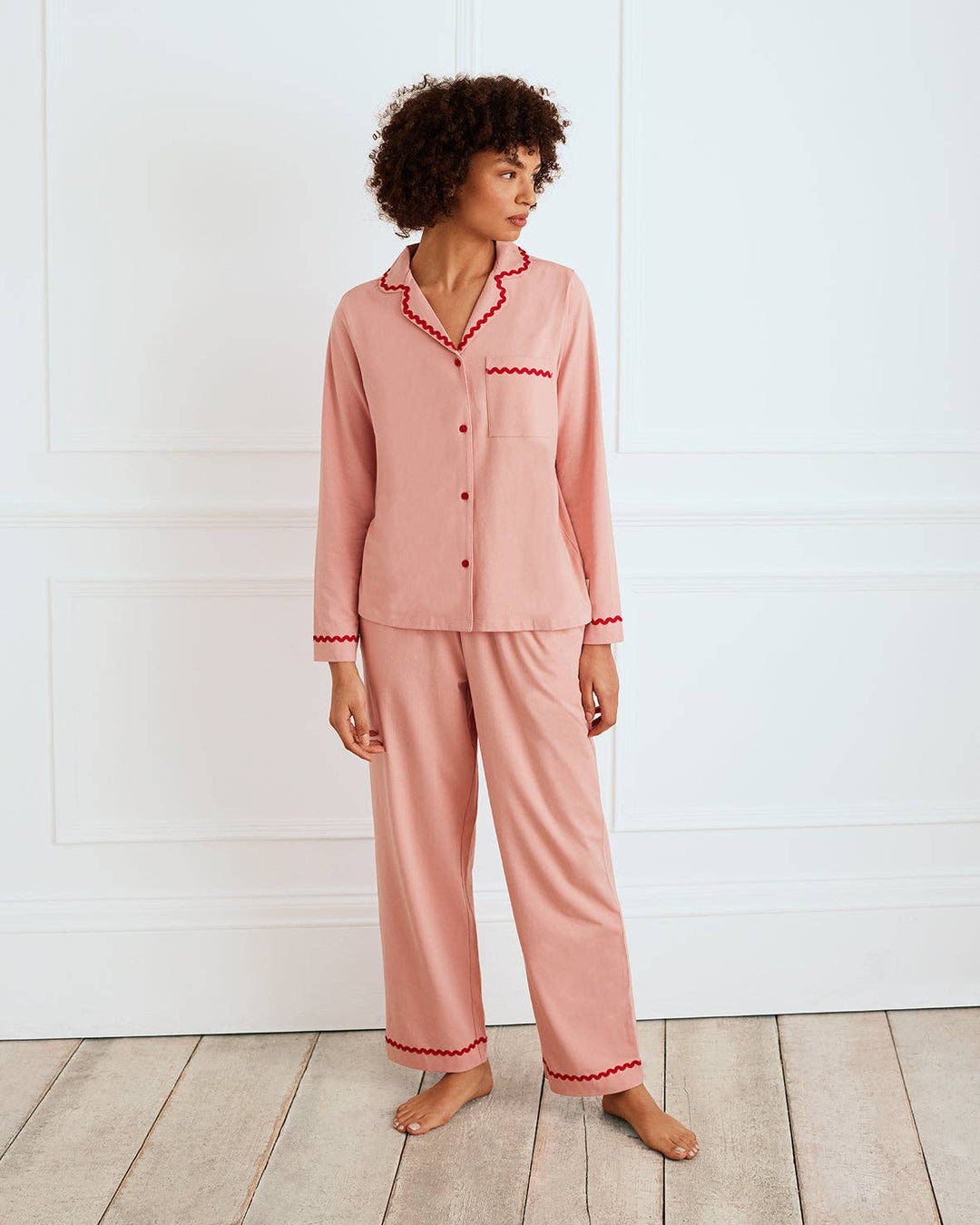 Organic Cotton Embroidered Back Good Morning Long Pyjama Set: Pink / UK 14