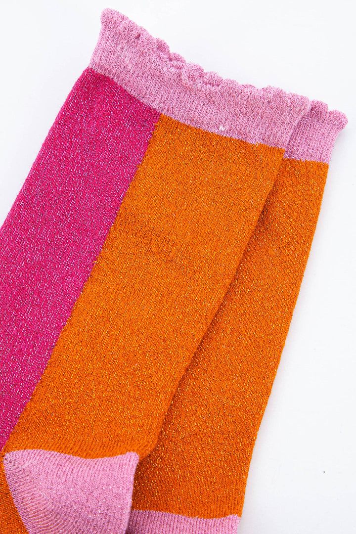 Women's Cotton Glitter Socks Colour Block in Pink & Orange: UK 3-7 | EU 36-40