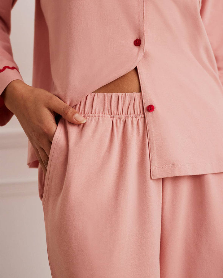 Organic Cotton Embroidered Back Good Morning Long Pyjama Set: Pink / UK 10