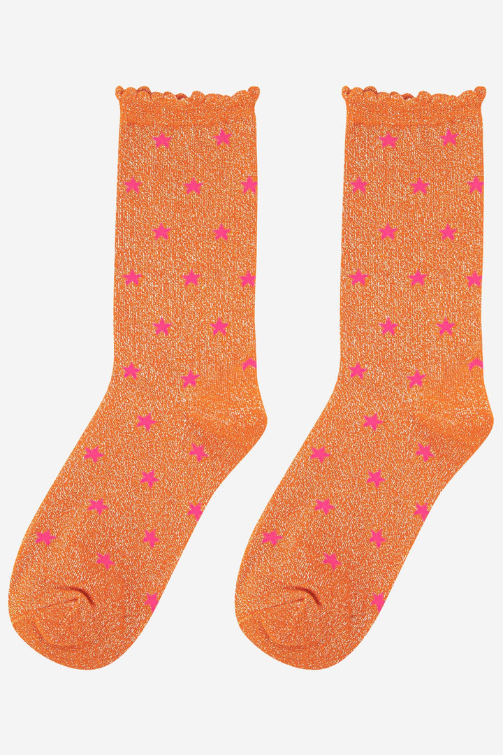 Womens Star Print Cotton Glitter Socks in Orange: UK 3-7 | EU 36-40 | US 5-9