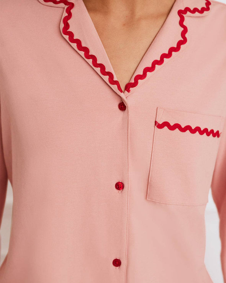 Organic Cotton Embroidered Back Good Morning Long Pyjama Set: Pink / UK 12