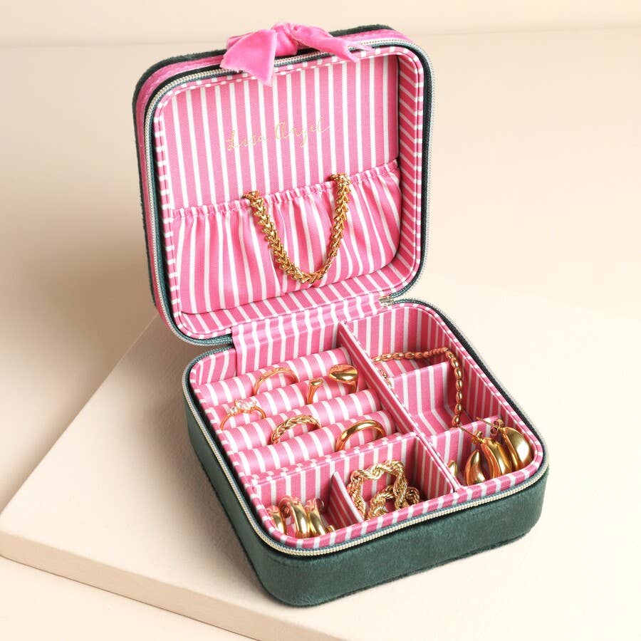 Green and Pink Velvet Bow Square Travel Jewellery Case