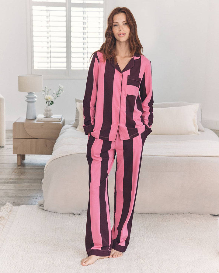 Organic Cotton Stripe Long Pyjama Set - Pink: UK 12
