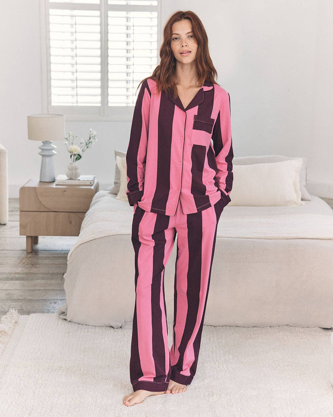 Organic Cotton Stripe Long Pyjama Set - Pink: UK 14