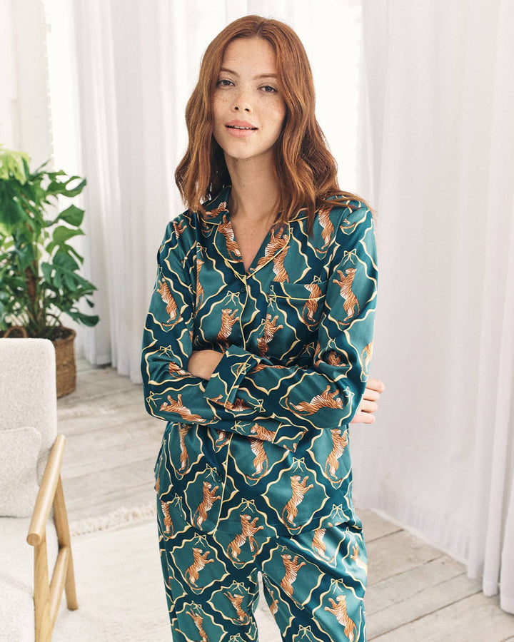 Satin Gilded Tiger Print Long Pyjama Set: UK 8