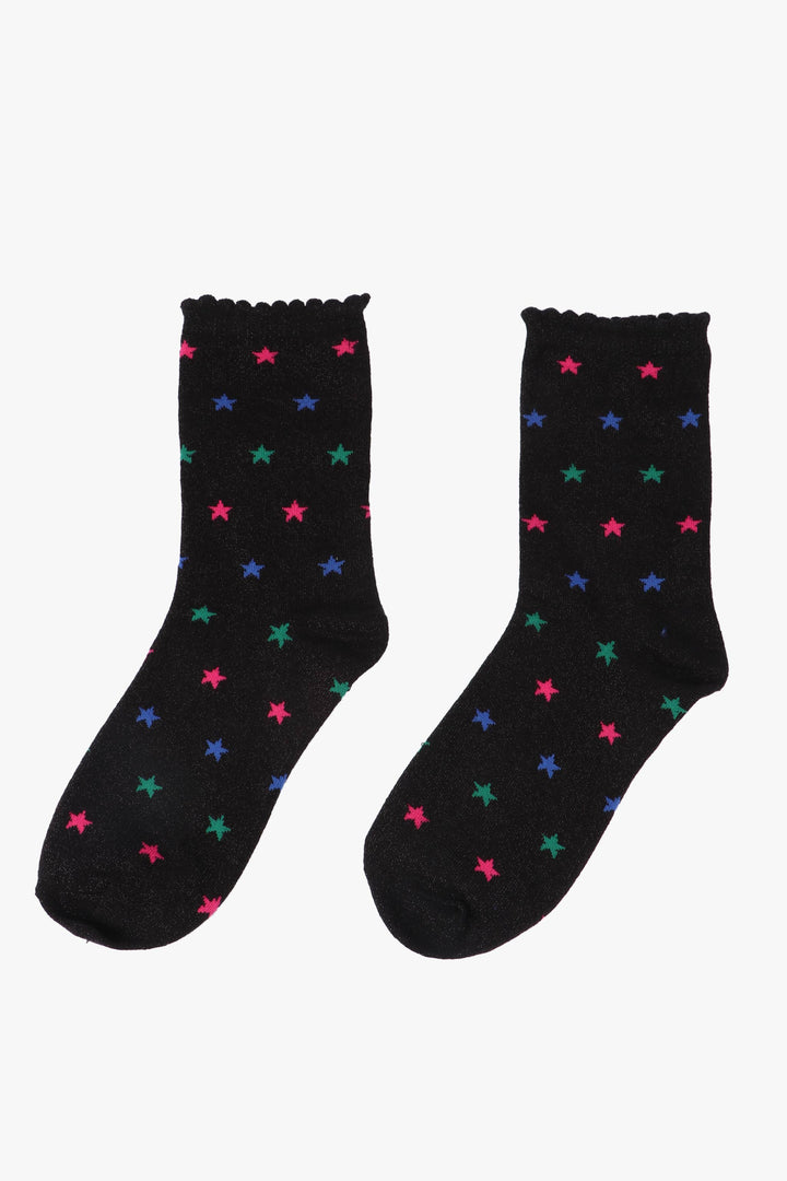 Black Multi Star Print Glitter Socks with Scalloped Cuffs: UK 3-7 | EU 36-40 | US 5-9