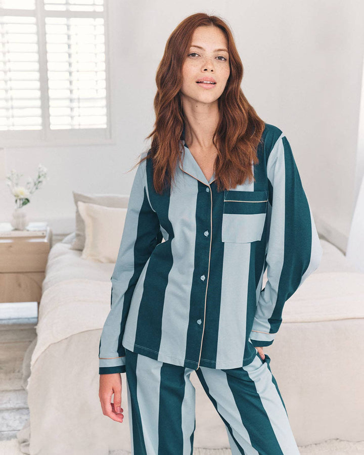 Organic Cotton Stripe Long Pyjama Set - Blue: UK 16