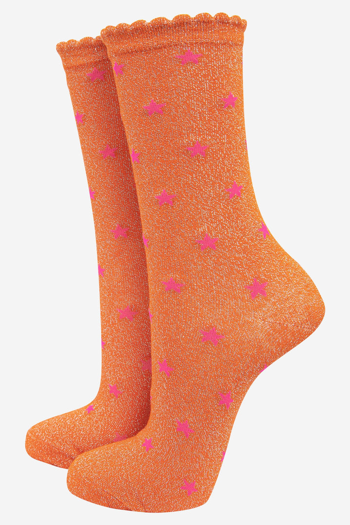 Womens Star Print Cotton Glitter Socks in Orange: UK 3-7 | EU 36-40 | US 5-9