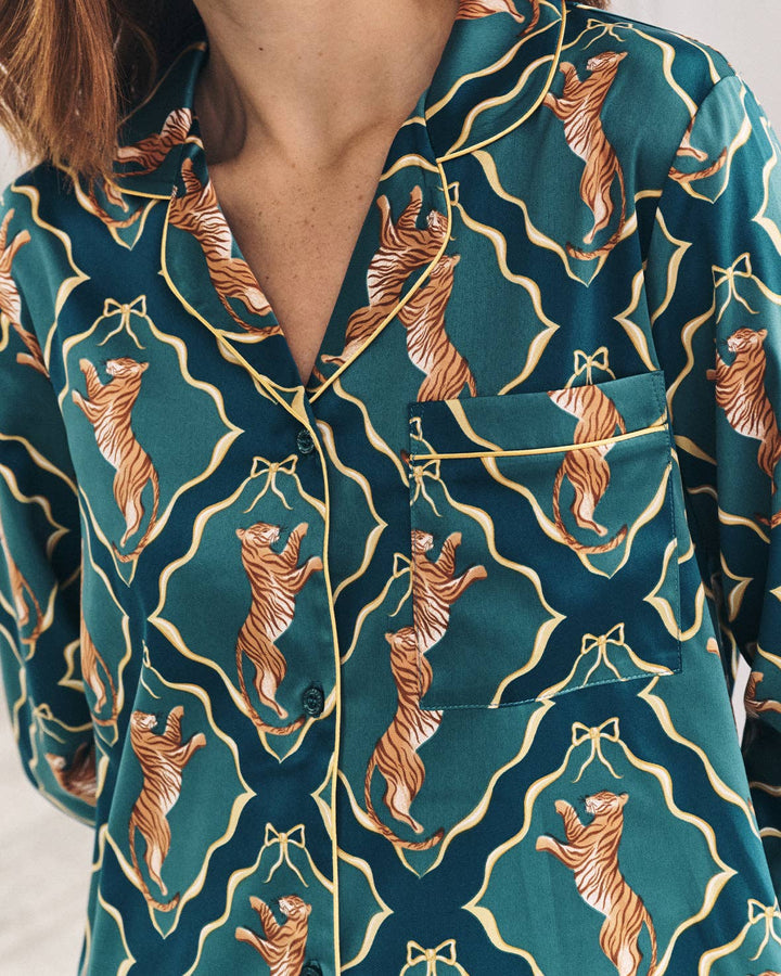 Satin Gilded Tiger Print Long Pyjama Set: UK 14