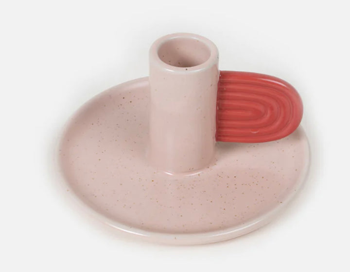 PINK & RED HAND PAINTED STONEWARE CANDLE HOLDER