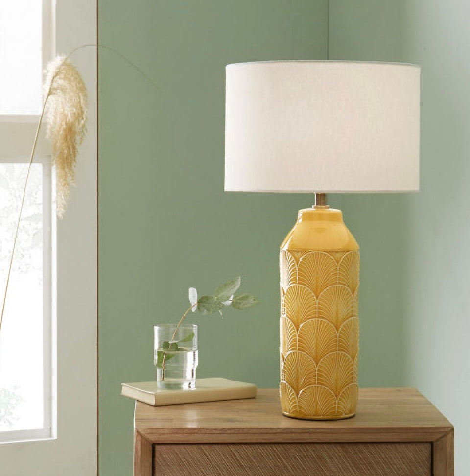 BETHAN EMBOSSED MUSTARD CERAMIC TABLE LAMP