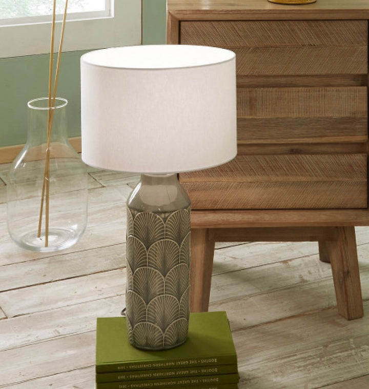 BETHAN EMBOSSED GREY CERAMIC TABLE LAMP