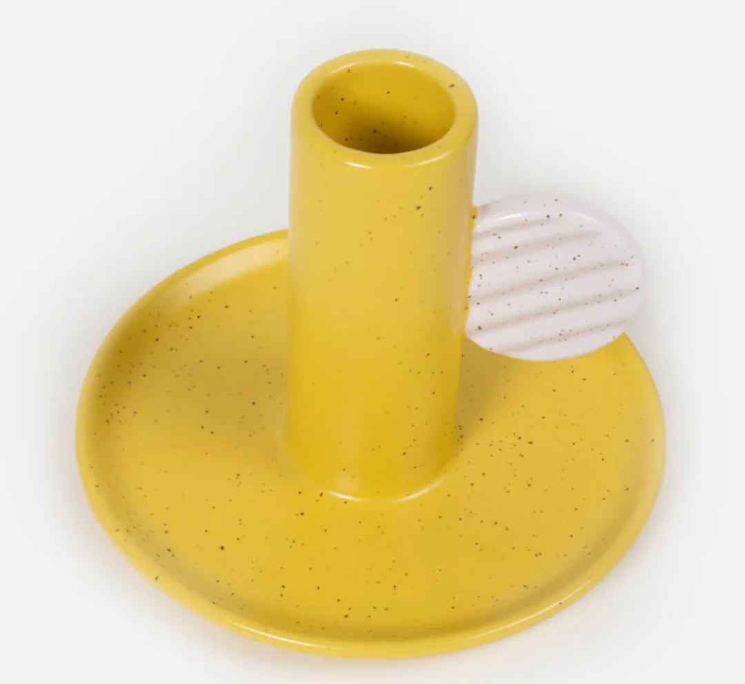 MUSTARD & LILAC HAND PAINTED STONEWARE CANDLE HOLDER