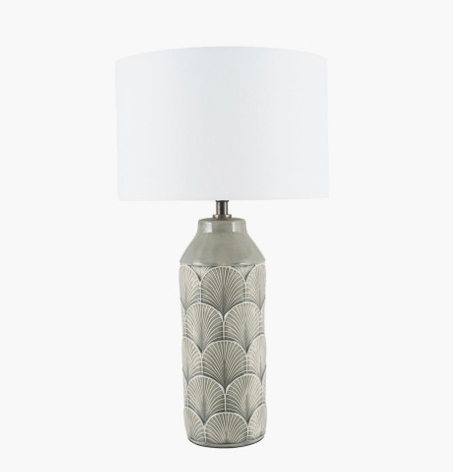 BETHAN EMBOSSED GREY CERAMIC TABLE LAMP