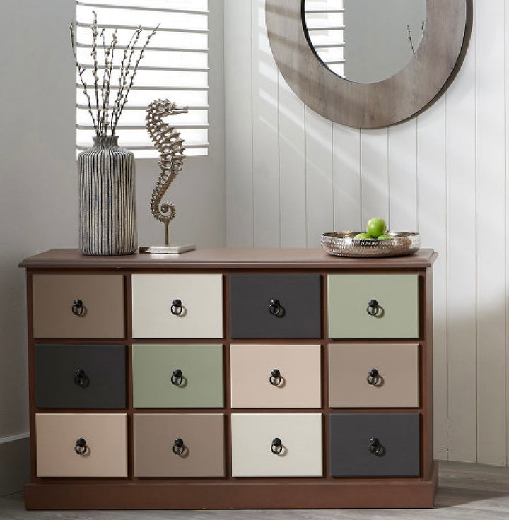 LOFT PINE WOOD SAGE MULTICOLOURED 12 DRAWER UNIT