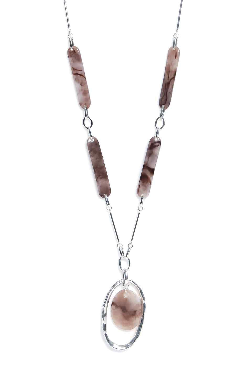 SILVER AND PINK MARBLE LONGLINE OVAL NECKLACE