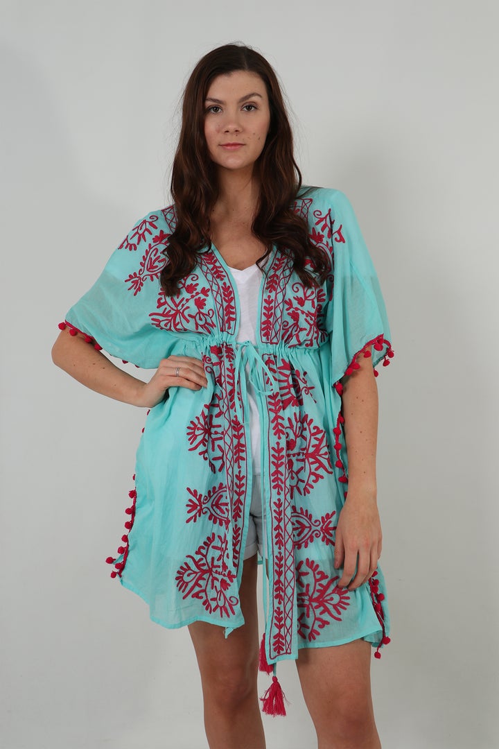 BLUE & PINK KAFTAN WITH FLORAL PRINT AND POM POM EDGING