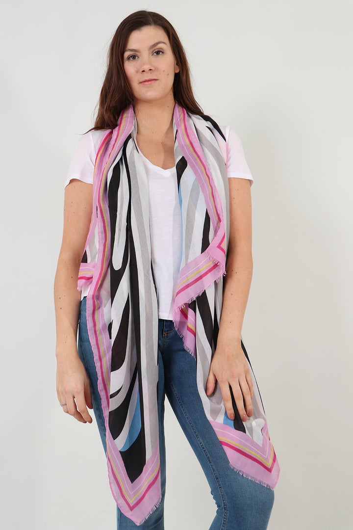 BLACK & FUCHSIA ZEBRA PRINT SCARF WITH COLOUR BLOCK BORDER