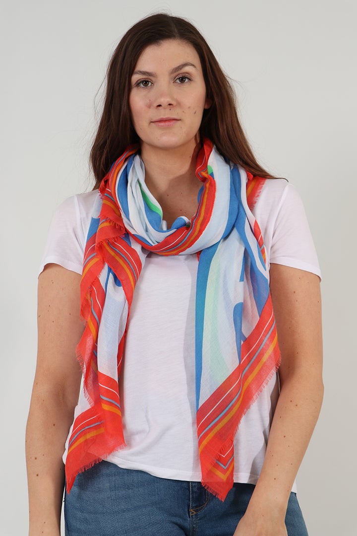 BLUE & RED ZEBRA PRINT SCARF WITH COLOUR BLOCK BORDER