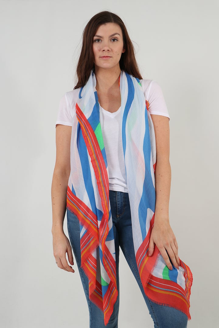 BLUE & RED ZEBRA PRINT SCARF WITH COLOUR BLOCK BORDER