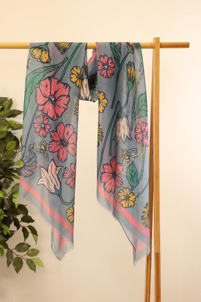 LIGHT BLUE & PINK GARDEN FLORAL SCARF