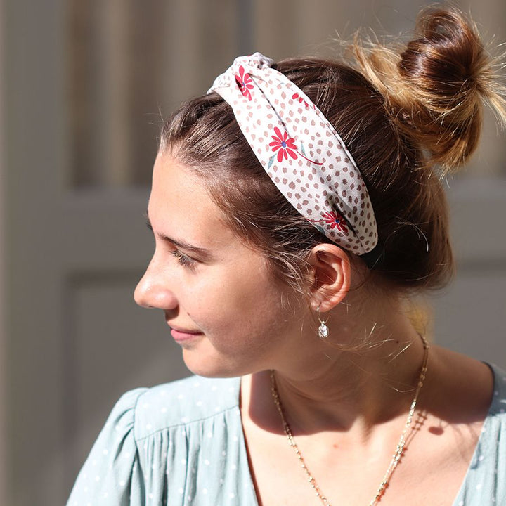 CREAM/TAUPE & RED FLORAL PRINT HEADBAND