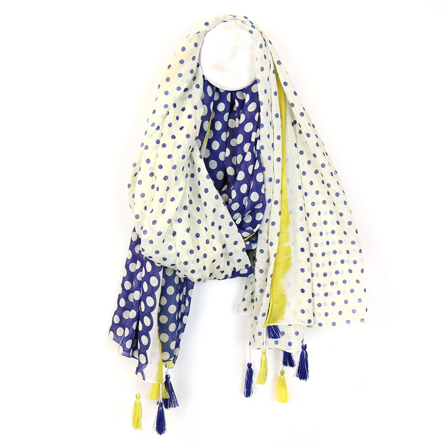 WHITE YELLOW & NAVY SPOT TASSEL SCARF