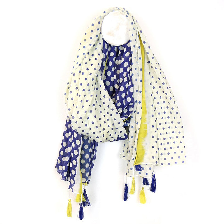 WHITE YELLOW & NAVY SPOT TASSEL SCARF