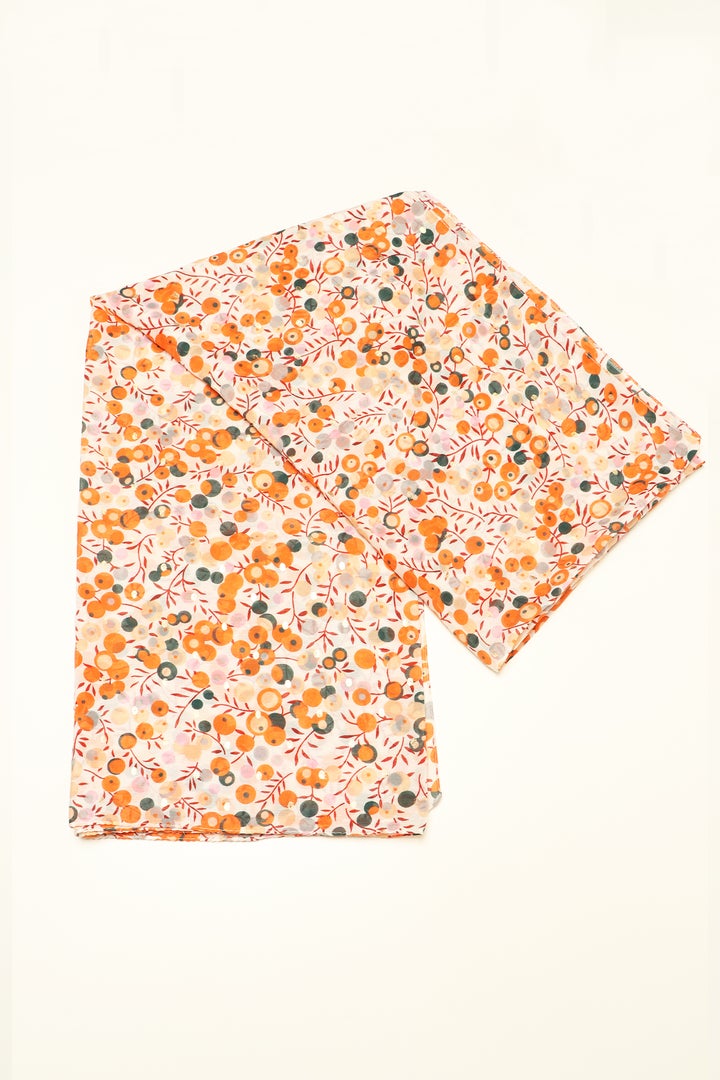 CORAL DITSY FLORAL PRINT SCARF WITH METALLIC SPOTS